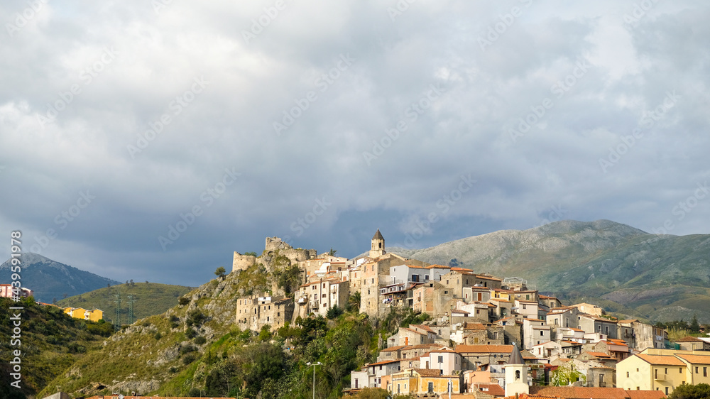 Scalea town, province of Cosenza, Calabria region. The historical centre, builded on the hillside and the promontory.
