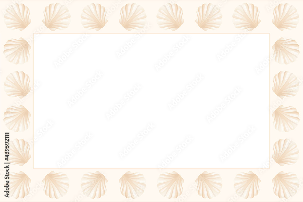 Ready-made vector summer frame template from realistic seashells. Background with borders decorated with sea pearl molluscs. Ready-made vector summer frame template from realistic seashells. Background with borders decorated with sea pearl molluscs.