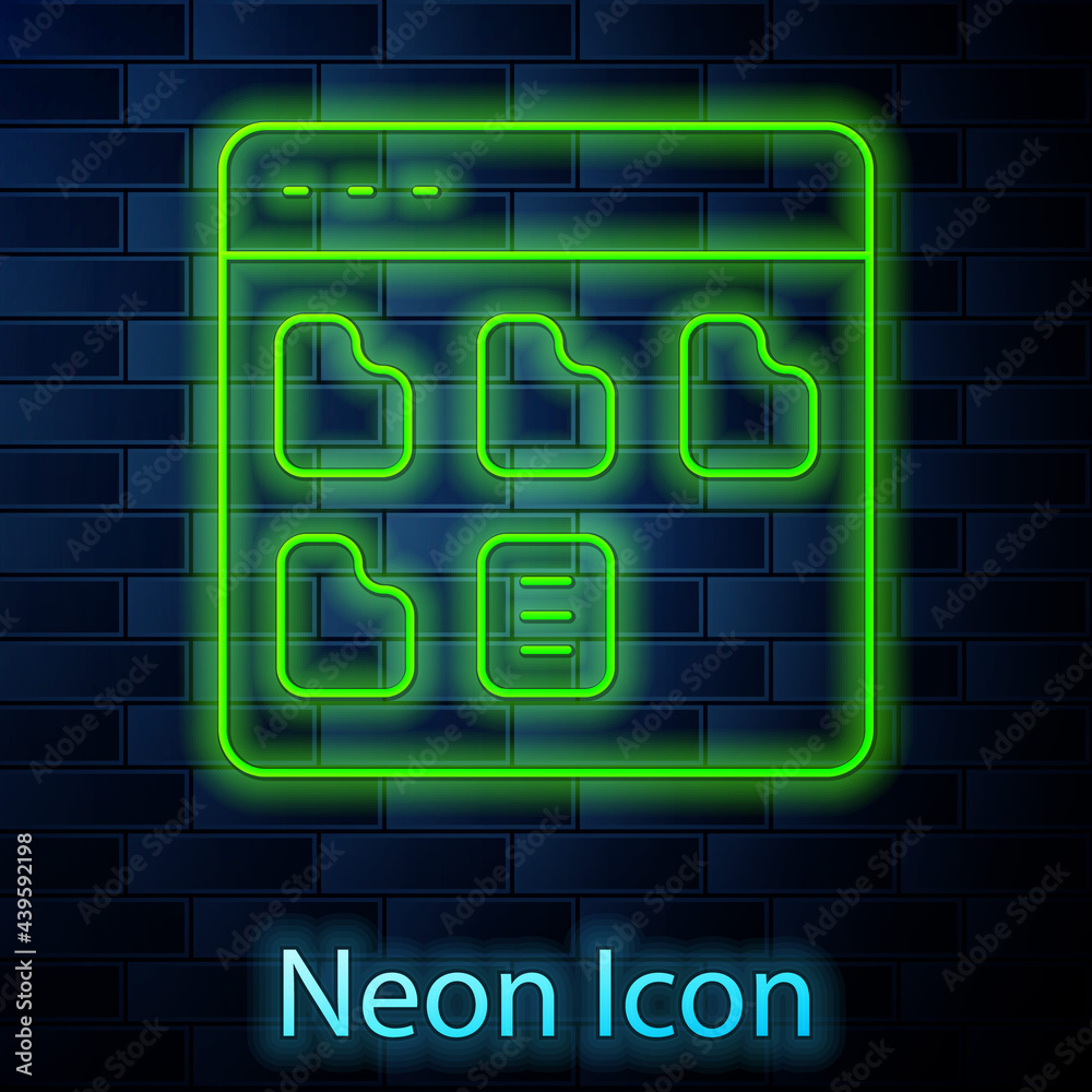 Glowing neon line Browser files icon isolated on brick wall background. Vector Glowing neon line Browser files icon isolated on brick wall background. Vector