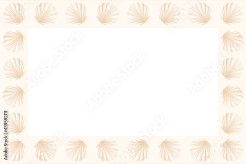 Ready-made vector summer frame template from realistic seashells. Background with borders decorated with sea pearl molluscs.