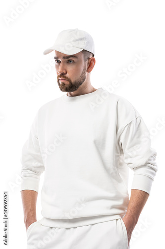 Handsome man wearing blank white cap on white background