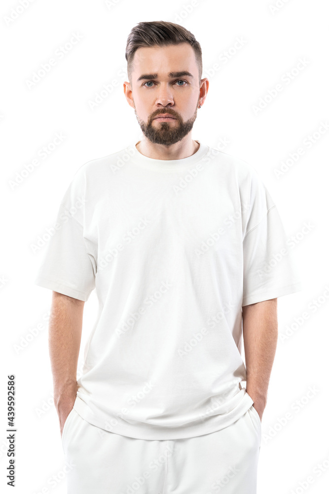Man wearing white t-shirt with a blank space for design Man wearing white t-shirt with a blank space for design