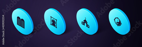 Set Isometric Yin Yang, Church building, Christian icon and The commandments icon. Vector