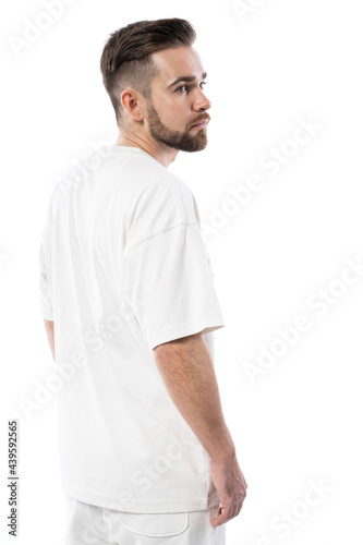 Handsome man wearing white t-shirt isolated on white background © blackday