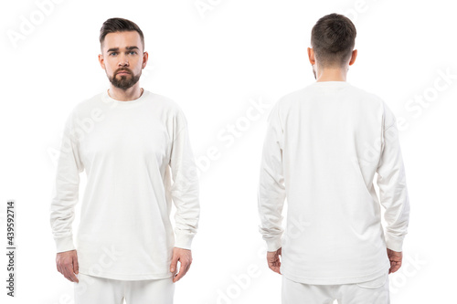 Handsome man wearing white long-sleeved t-shirt with empty space for design