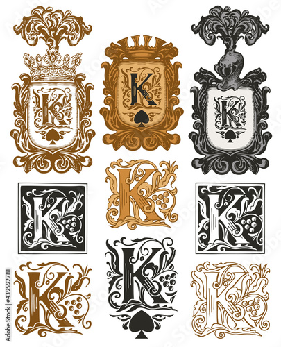 Set of ornate initial letters K in vintage style. Vector illustration of beautiful filigree capital letters K with decorations. Great for luxury design of monogram, logo, invitation, playing card photo