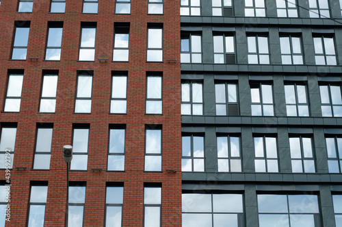 Facade of a building in the American style. Building in Chicago. Minimalistic architecture. Exterior. Concrete building.