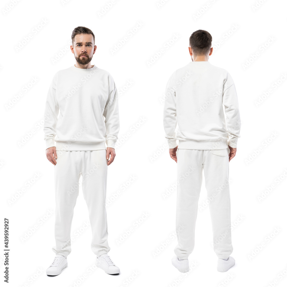 Handsome man wearing blank white clothes on white background Handsome man wearing blank white clothes on white background
