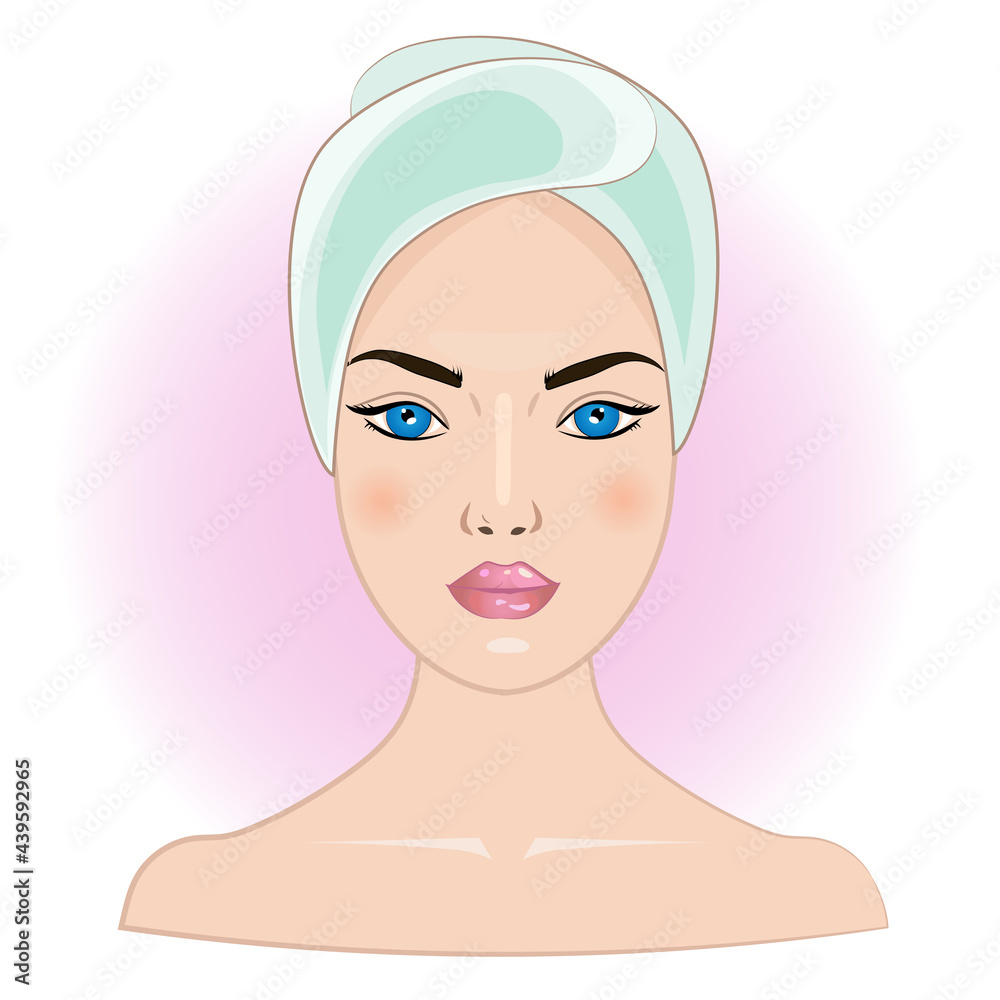 The concept of facial care. Vector illustration of the face of a young woman with a bare neck and a towel on her head. The concept of facial care. Vector illustration of the face of a young woman with a bare neck and a towel on her head.