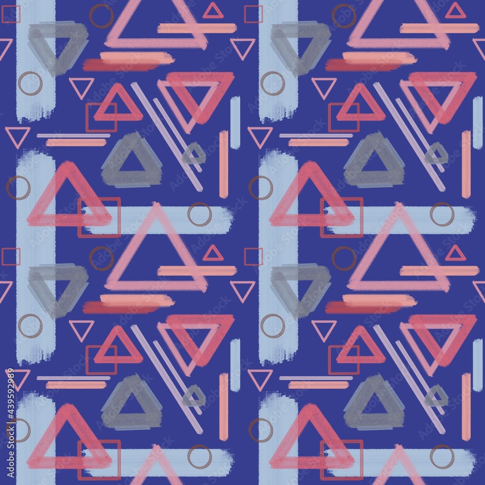 Seamless pattern of geometric figures on dark blue background