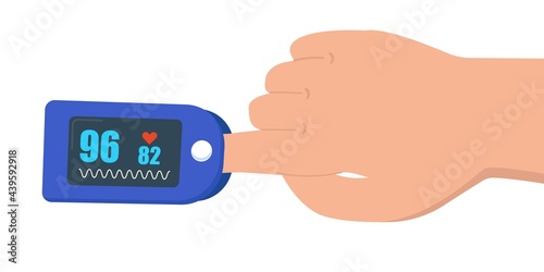 Pulse oximeter on finger. digital device to measure oxygen saturation photo