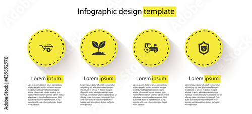 Set Wheelbarrow with dirt, Plant, Tractor and Shield pig. Business infographic template. Vector