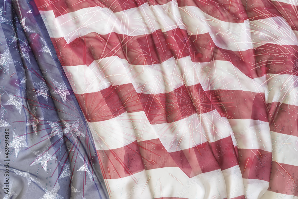 Obraz premium Usa Flag And Fireworks, Double Exposure. American Celebration