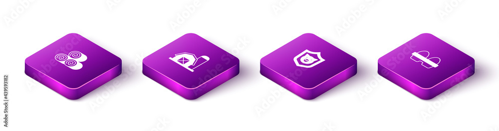 Set Isometric Roll of hay, Farm house, Shield with pig and Chicken egg in box icon. Vector Set Isometric Roll of hay, Farm house, Shield with pig and Chicken egg in box icon. Vector