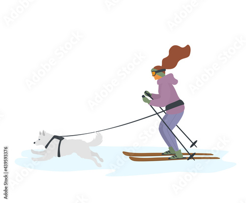 woman and dog skijoring, winter sports isolated vector illustration graphic