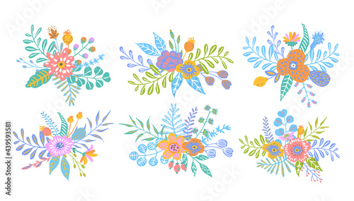 set of colorful spring floral flowers branches twigs bouquets and arrangements, isolated vector illustration