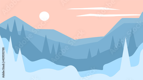 abstract minimalist cartoon winter season, xmas snow hills and pine trees forest landscape, scenery.vector illustration graphic texture