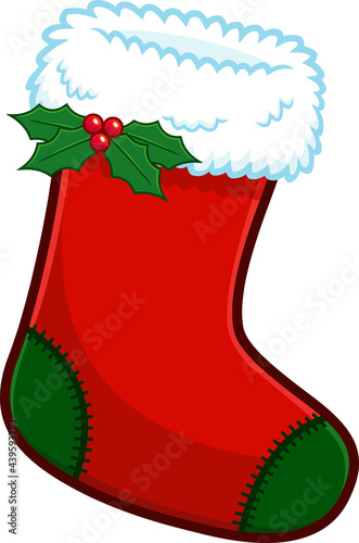 Cartoon Red Christmas Sock With Holly Berries And Leaves. Vector Hand Drawn Illustration Isolated On Transparent Background