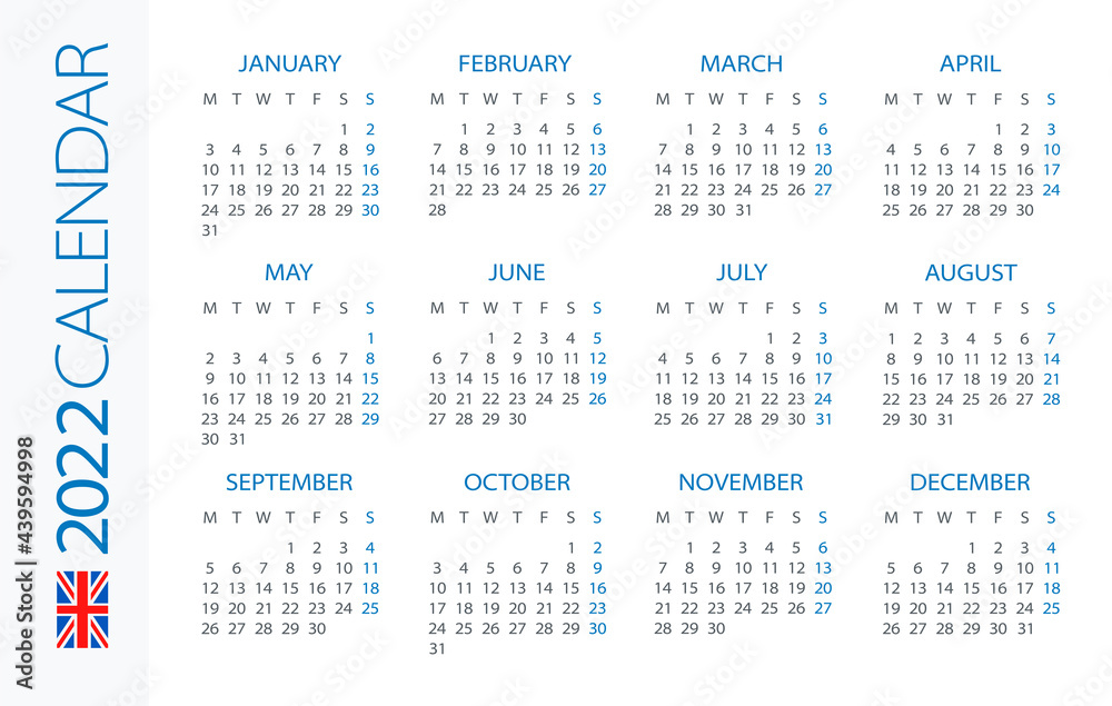 Calendar 2022 Horizontal - illustration. English version. Week starts on Monday. 