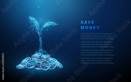 Abstract blue plant growing from coins pile
