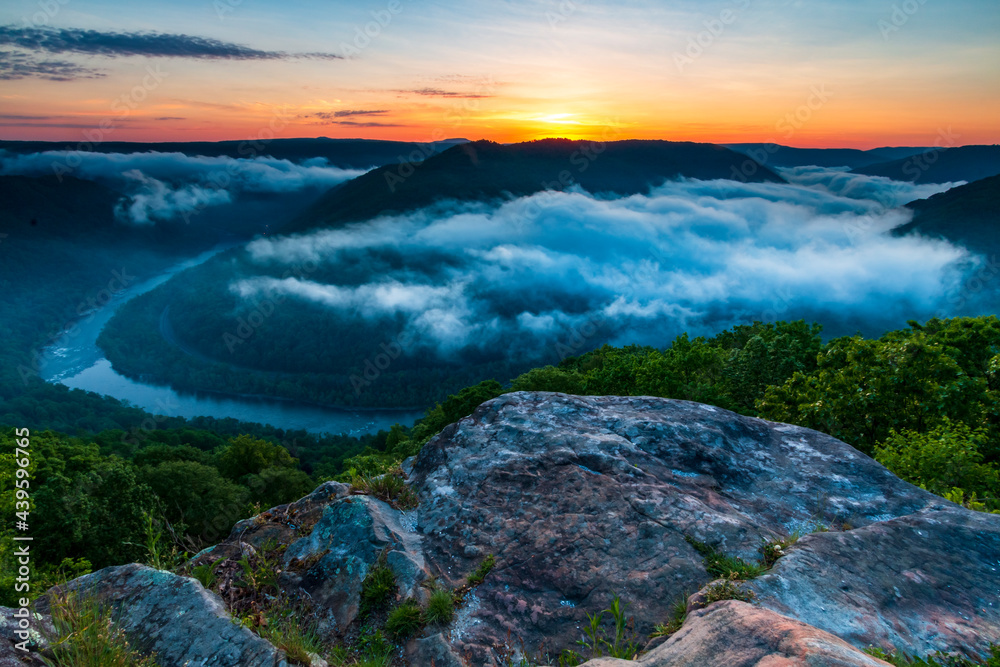 dramatic sunrise overlooking the New River in West Virginia Stock