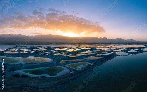 Beautiful sunrise over feicui lake in Qinghai province in China. photo