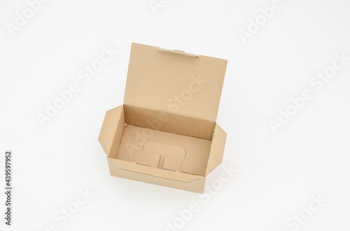 Paper open box, isolated background. Brown cardboard delivery box.