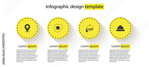 Set Chef hat with location, Scrambled eggs, Covered tray of food and Hotel service bell. Business infographic template. Vector