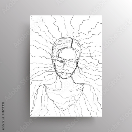 Abstract female face in wavy lines style. Portrait of an Asian woman in linear distortion style isolated on white background. Design for wall decoration, poster. Vector