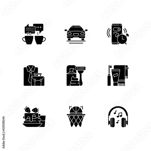 Daily routine black glyph icons set on white space. Alarm clock for work. Office worker activities. Everyday morning and evening schedule. Silhouette symbols. Vector isolated illustration