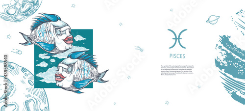 Pisces zodiac sign. The symbol of the astrological horoscope. Hand-drawn illustration
