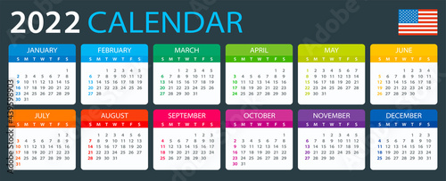 2022 Calendar - vector illustration, English American version.