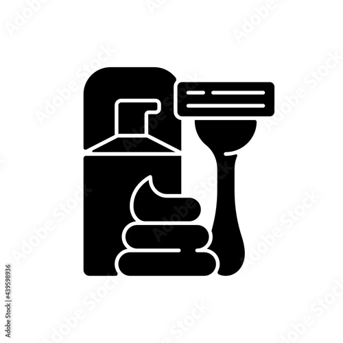 Razor and shaving cream black glyph icon. Facial skin care, hair removal for man. Lotion for aftershave. Everyday routine. Silhouette symbol on white space. Vector isolated illustration