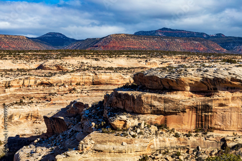 plateaus, natural bridges and desert landscape in a wintry autumn in Natural Bridges national Monument in Utah.