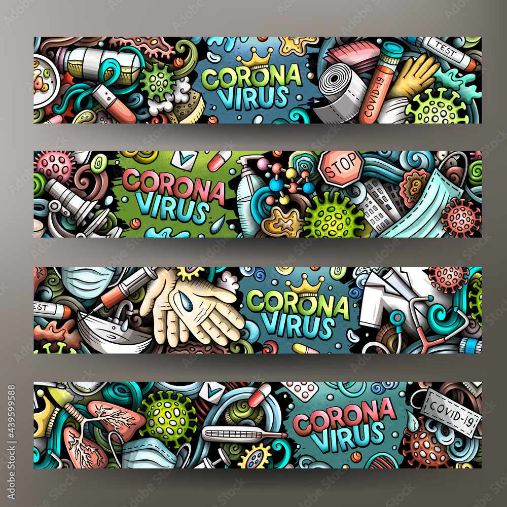 Cartoon cute doodles Coronavirus horizontal banners set