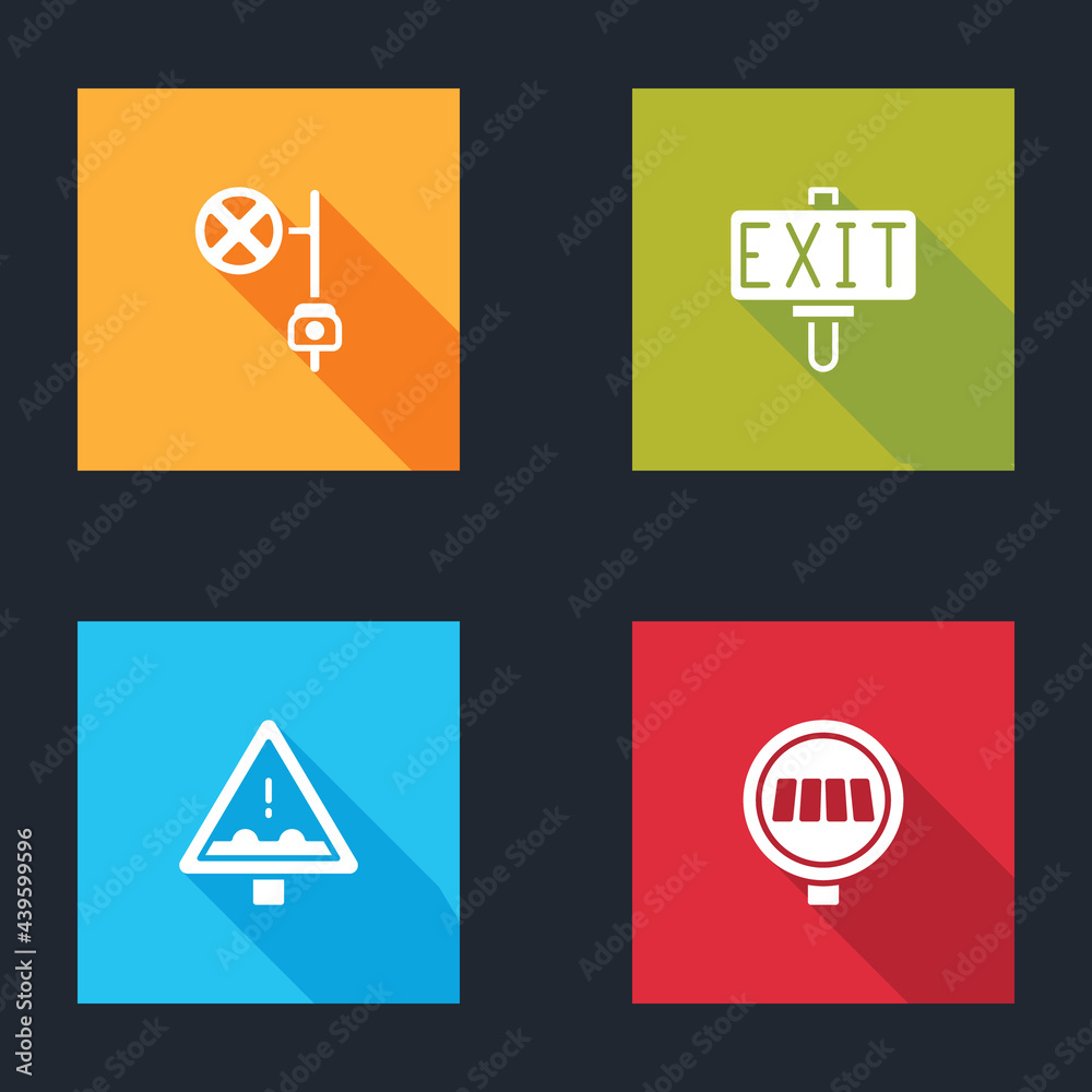 Set Stop sign with camera, Fire exit, Uneven road ahead and Pedestrian crosswalk icon. Vector Set Stop sign with camera, Fire exit, Uneven road ahead and Pedestrian crosswalk icon. Vector
