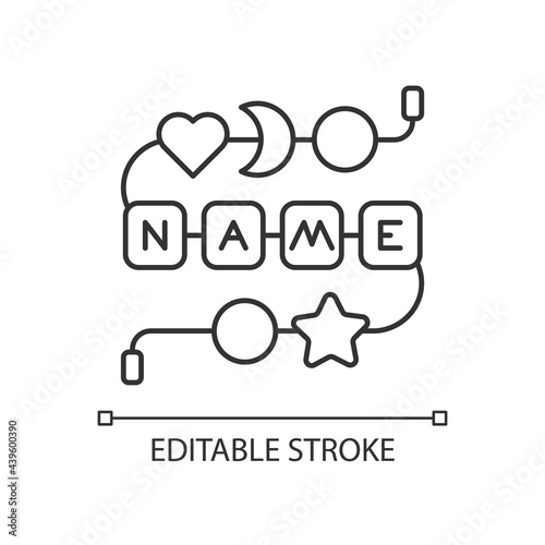 Personalised silicone teether chain linear icon. Practical keepsake for infant. Teething supply. Thin line customizable illustration. Contour symbol. Vector isolated outline drawing. Editable stroke