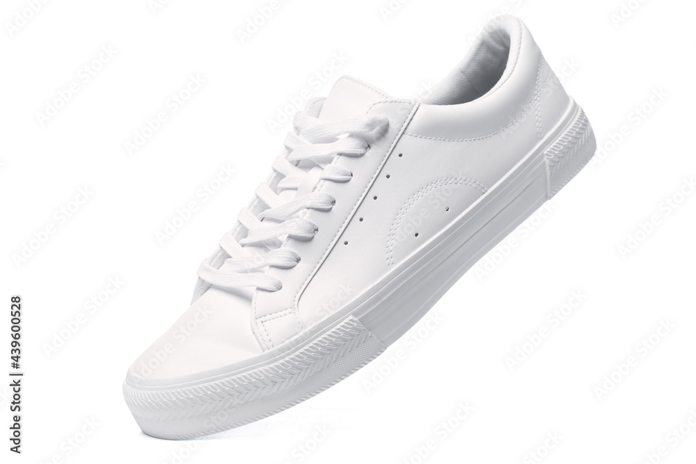 Trainers - white leather shoe on white background - obrazy, fototapety, plakaty 