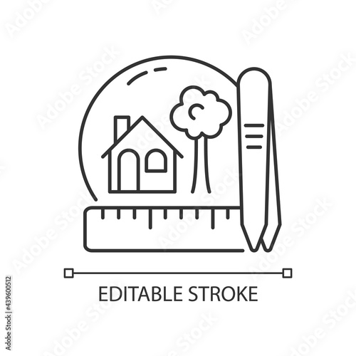Creating miniatures linear icon. Building dolls house. Miniature model making. Handmade furniture. Thin line customizable illustration. Contour symbol. Vector isolated outline drawing. Editable stroke
