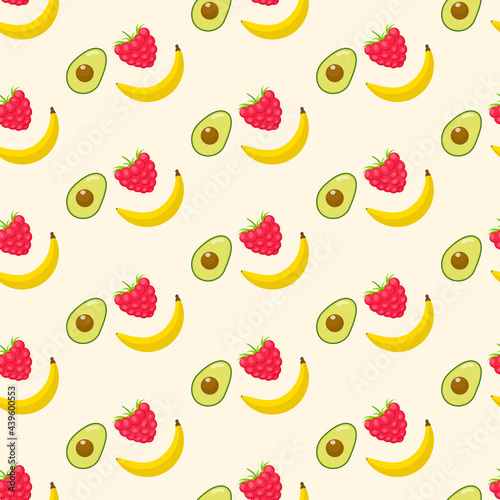 seamless pattern with avokado, banana and rasberry