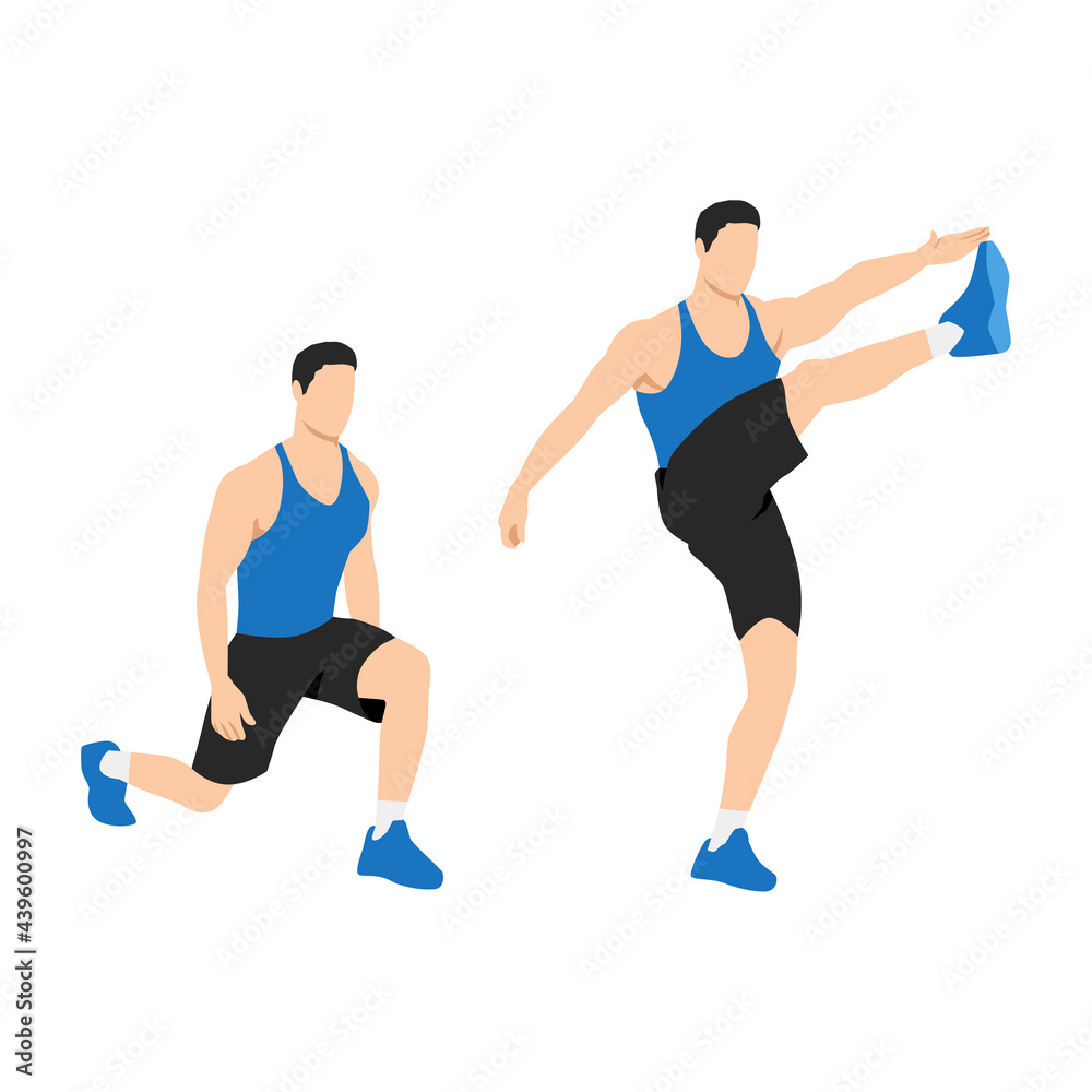 Man doing Lunge. Front kicks exercise. Flat vector illustration isolated on white background
