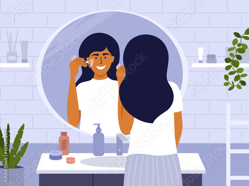 Skin, body or beauty care, facial massage by face roller. Daily morning routine of woman, relax, healthy habit. Happy female standing in front of bathroom mirror making massage. Vector illustration