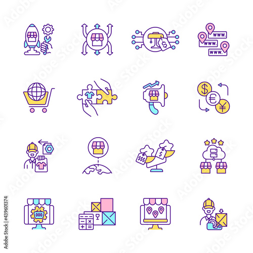 E commerce RGB color icons set. Online buyer experience. Isolated vector illustrations. Target overseas territories. Purchasing and selling goods on marketplace simple filled line drawings collection