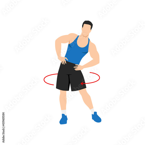 Man doing Hip circles exercise. Flat vector illustration isolated on white background