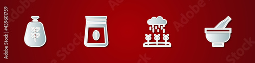 Set Bag of flour, coffee beans, Plant sprouts grow in the rain and Mortar and pestle icon. Vector