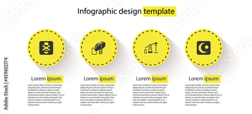 Set No alcohol, Hands in praying position, Oil pump or pump jack and Star crescent. Business infographic template. Vector