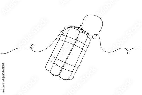 Continuous one line of detonate dynamite bomb in silhouette on a white background. Linear stylized.Minimalist.