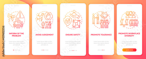 Discrimination at work onboarding mobile app page screen. Promoting tolerance walkthrough 5 steps graphic instructions with concepts. UI, UX, GUI vector template with linear color illustrations