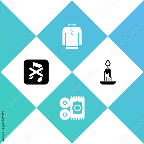 Set Speaker mute, Traditional carpet, Shirt kurta and Burning candle icon. Vector
