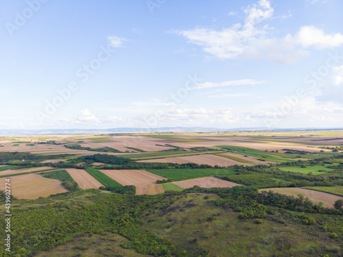 Fertile fields and blue sky in Serbia. Aerial photography. 